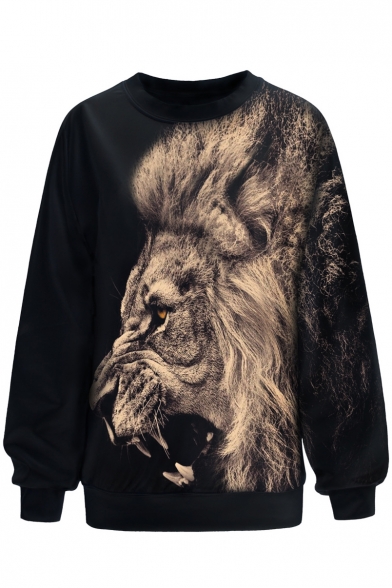 3D Lion Print Round Neck Black Loose Pullover Sweatshirt