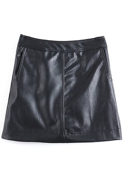 A-Line PU High Waist Plain Mini Double Pockets Skirt
