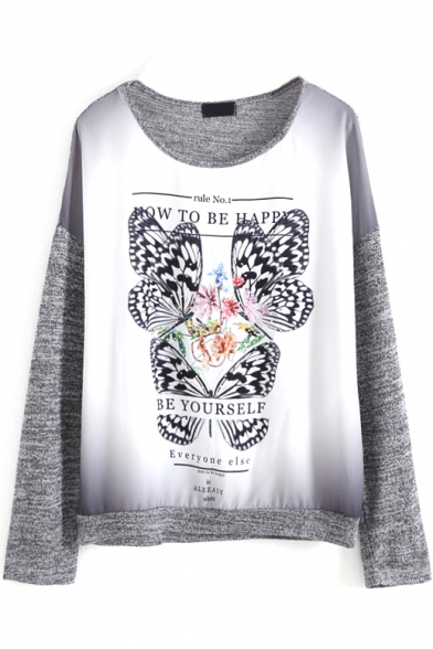 Beading Butterfly Print Batwing Long Sleeve Round Neck Tee