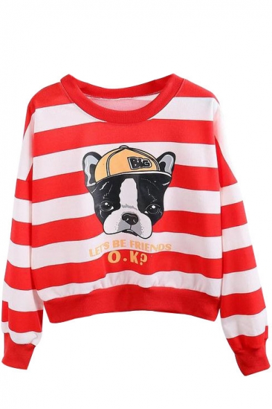 Cute Dog Print Stripes Color Block Long Sleeve Sweatshirt