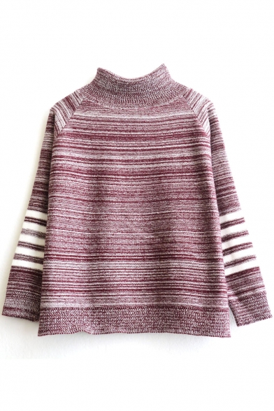 High Neck Long Sleeve Loose Stripes Pullover Sweater