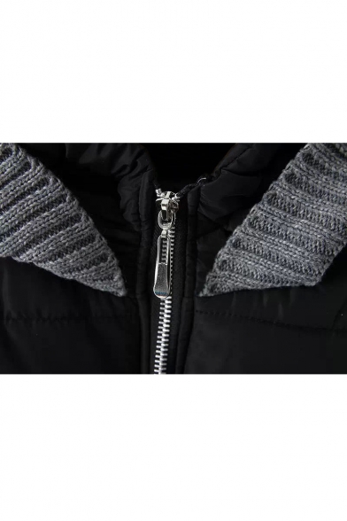 Hooded Knit Patchwork Zipper Long False Two-Piece Padded Coat