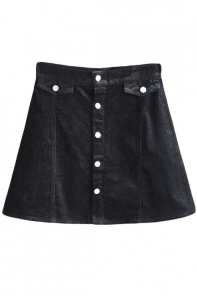 Single Breasted A-Line Corduroy High Waist Skirt - Beautifulhalo.com