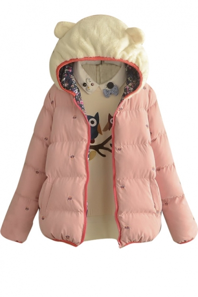 Wool Hooded Patchwork Cute Cartoon Embroidery Padded Coat