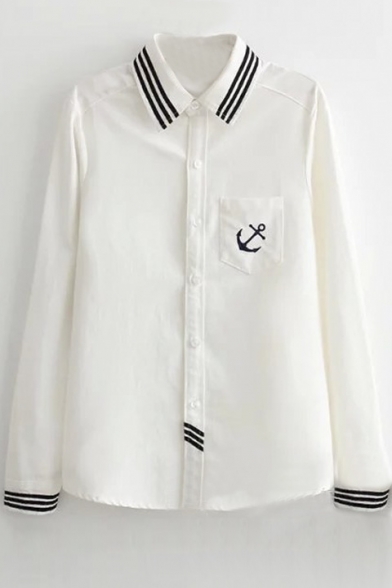 Anchors Embroidery Stripe Trims Single Pocket White Shirt