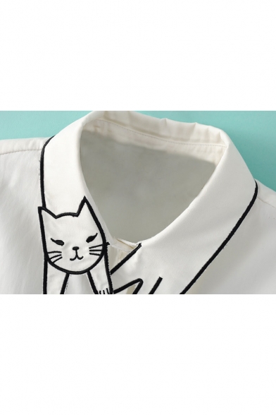 Cat Embroidery White Button Down Single Pocket Shirt