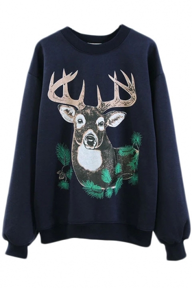 Cute Deer Print Round Neck Fleece Long Sleeve Sweatshirt
