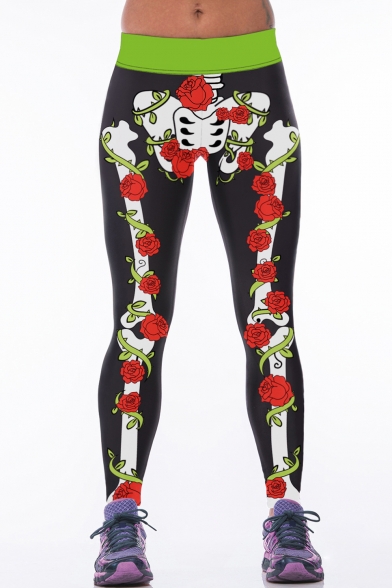 Floral & Skeleton Print Black Stretch Yoga Leggings