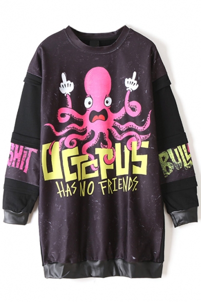 Funny Octopus & Latter Print PU Patchwork Tunic Sweatshirt