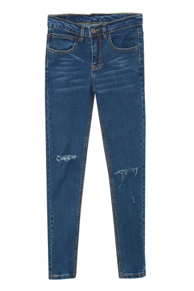Mid Waist Zipper Fly Cutout Plain Skinny Dark Blue Jeans