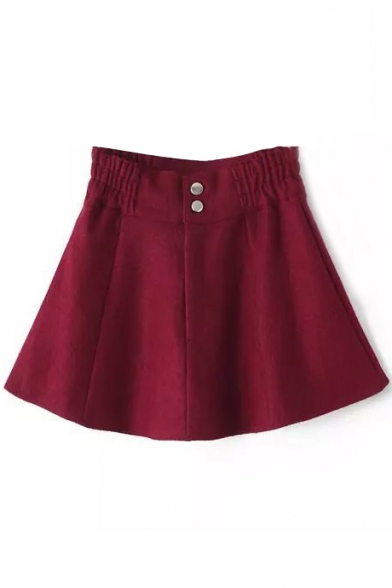 Plain Double Buttons A-Line Mini Tweed Elastic Waist Skirt