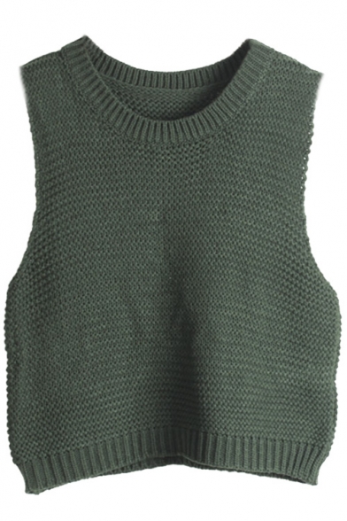 Plain Round Neck Sleeveless Cropped Knit Vest