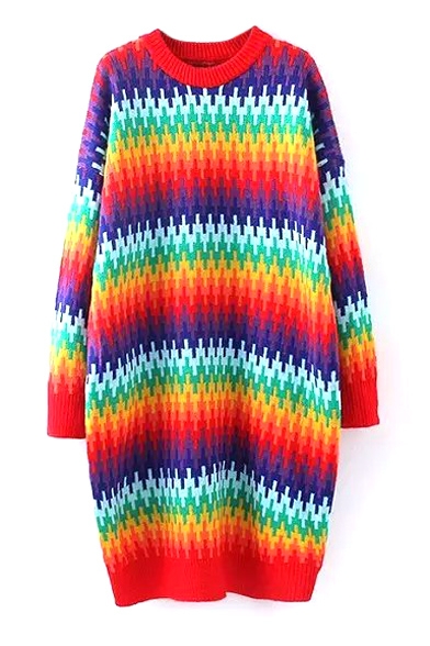 Round Neck Rainbow Ombre Color Block Long Sleeve Knit Dress