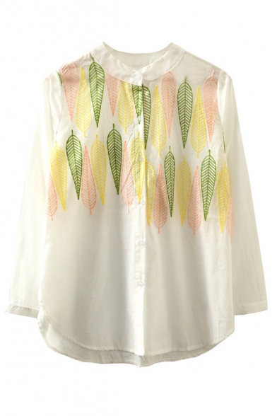 Stand Up Neck Leaf Embroidery Curved Hem Split Side Shirt