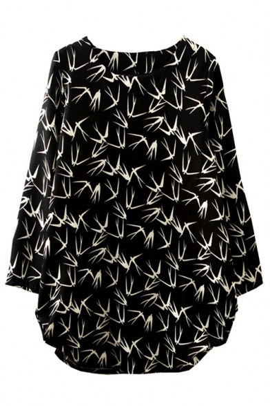 Swallows Print Round Neck Long Sleeve Curved Hem Chiffon Dress