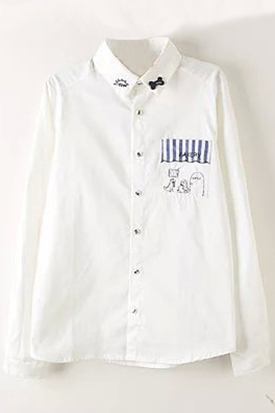 Cute Cartoon Embroidery Long Sleeve Single Pocket White Shirt