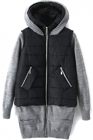 Hooded Knit Patchwork Zipper Long False Two-Piece Padded Coat
