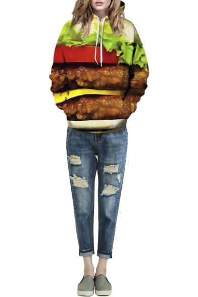 Hooded Long Sleeve Hamburger Print Pullover Sweatshirt