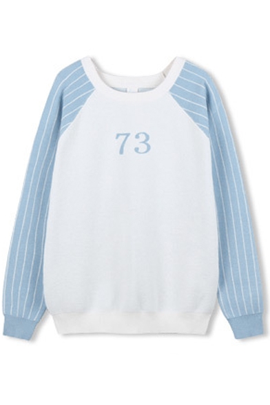 Number Print Raglan Sleeve Color Block Stripes Sweatshirt