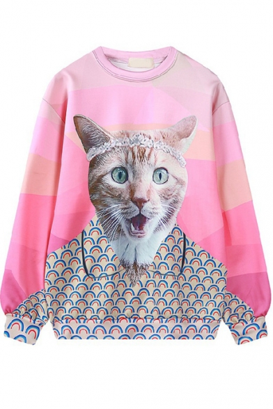 Pink Cat Print Long Sleeve Pullover Loose Sweatshirt