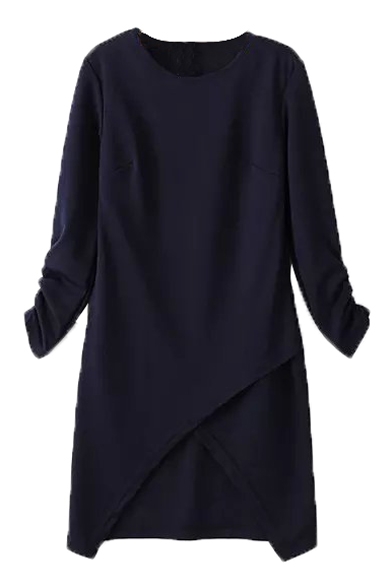 Plain Round Neck Pleated Sleeve Asymmetrical Hem Midi Dress