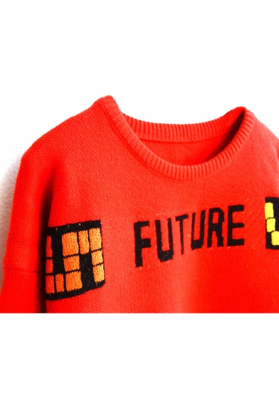 Red Game & Letter Jacquard Long Sleeve Cartoon Sweater