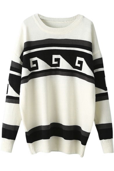 Round Neck Batwing Sleeve Geometric Patterned Color Block Sweater
