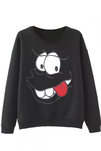 Round Neck Cartoon Embroidery Black Fleece Loose Sweatshirt
