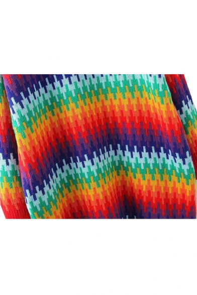 Round Neck Rainbow Ombre Color Block Long Sleeve Knit Dress