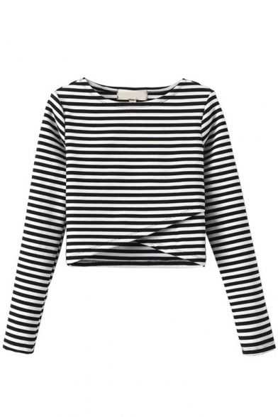 Round Neck Stripes Layered Front Long Sleeve Cropped Tee