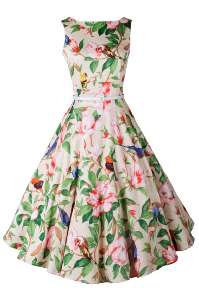 Sleeveless Boat Neck A-Line Maxi Floral Print Dress with Belt ...