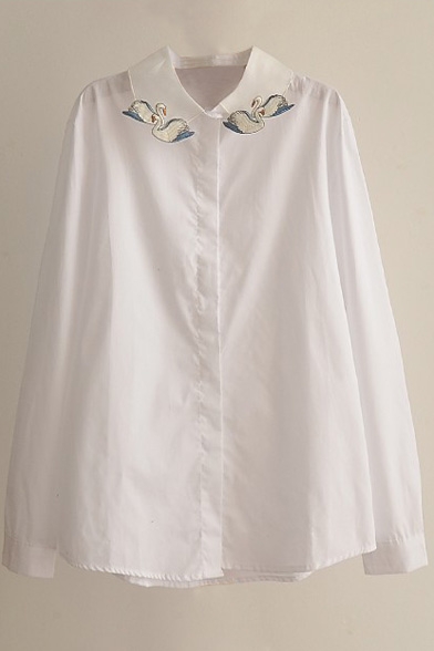 Swan Embroidery Lapel White Button Down Long Sleeve Shirt