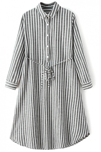 Tie Waist Lapel Button Front Vertical Stripes Shirt Dress