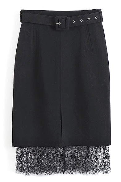 Tweed High Waist Pencil Lace Patchwork Midi Skirt with Belt