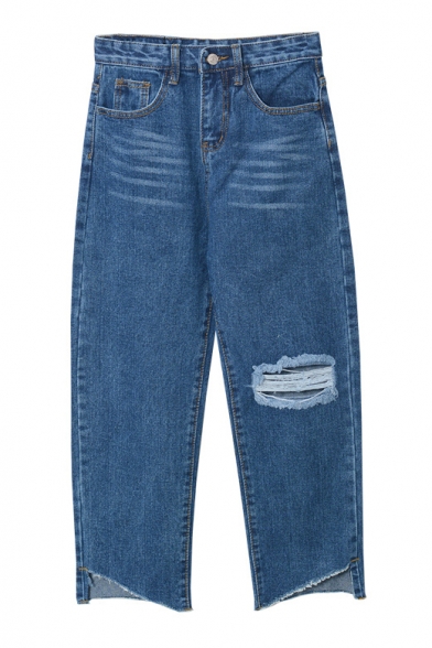 Wide Leg Cutout Cropped Asymmetrical Hem Plain Jeans