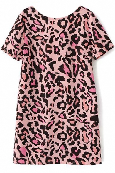 Backless Round Neck Pink Leopard Print Short Sleeve Shift Dress