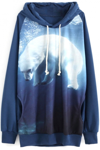 Blue Hooded Polar Bear Print Long Sleeve Sweatshirt