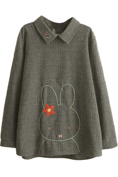 Collar Rabbit Embroidery Long Sleeve Loose Blouse