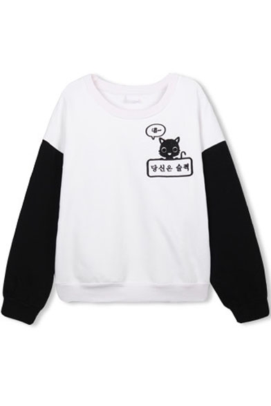 Color Block Cat Cartoon Print Long Sleeve Sweatshirt - Beautifulhalo.com