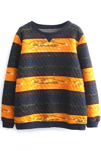 Color Block Print Stripes Rhombus Quilted Sweatshirt