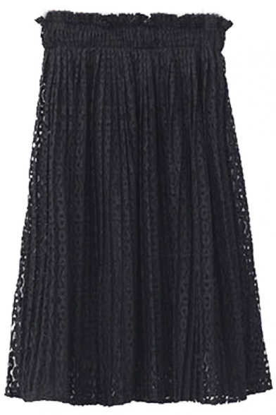 Elastic Waist Pleated Plain Lace Midi A-Line Skirt