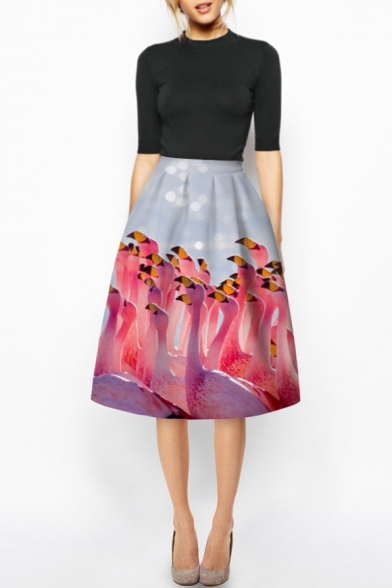 Flamingos Print High Waist Zipper A-Line Midi Skirt