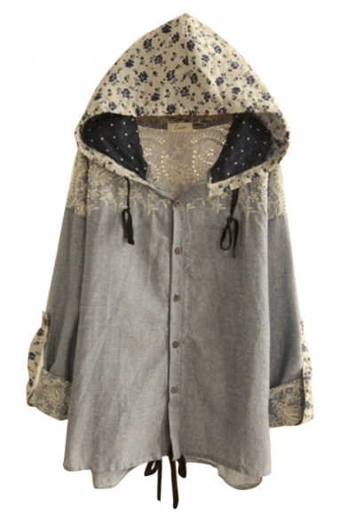 Floral Print Hooded Lace Patchwork Single Breasted Coat