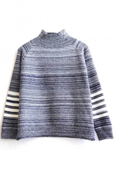 High Neck Long Sleeve Loose Stripes Pullover Sweater