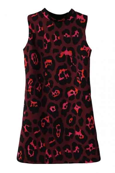 High Neck Sleeveless Red Leopard Print Shift Dress
