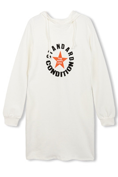 Hooded Letter & Star Print Long Sleeve Tunic Sweatshirt