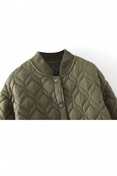 Plain Stand Up Neck Rhombus Quilted Padded Long Coat