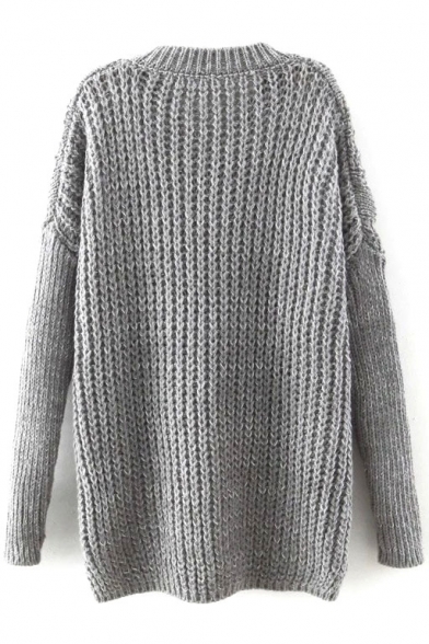 Plain V-Neck Cable Knit Tassel Hem Dip Hem Sweater