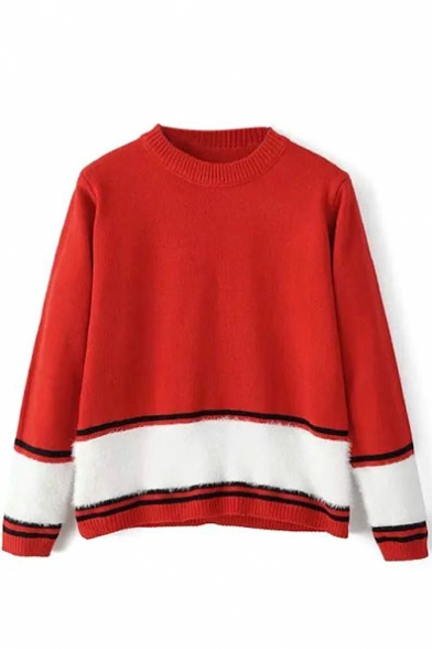 Round Neck Color Block Hem Stripe Trims Long Sleeve Sweater