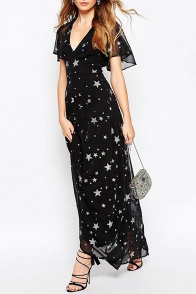 Ruffle Short Sleeve Star Print V-Neck Chiffon Maxi Dress